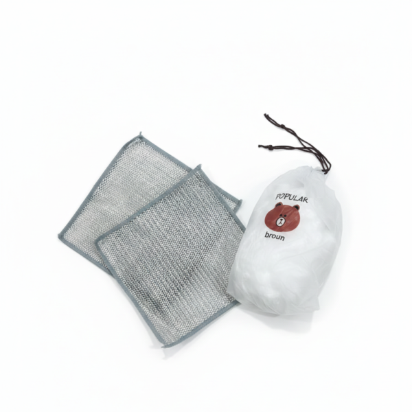 combo deal – 2 pcs metal wire cleaning cloths with 1 bear design food cover packet – kitchen cleaning & food protection set